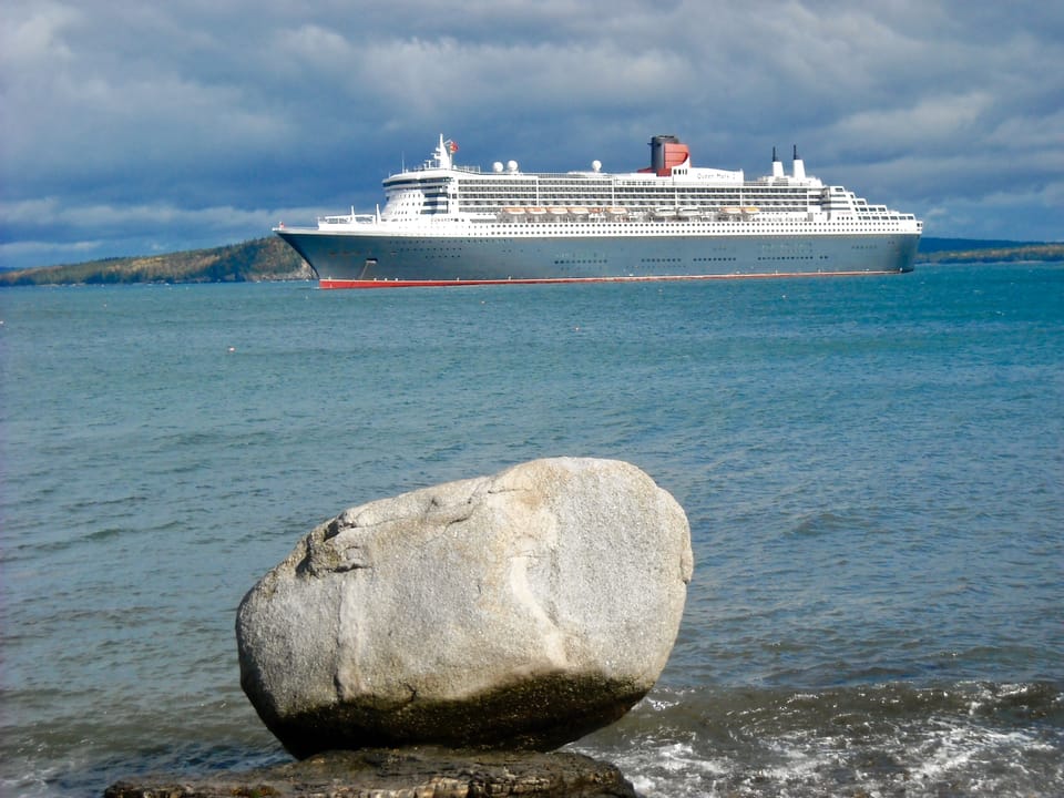 Balance Rock on the Shore Path, looking at the Queen Mary