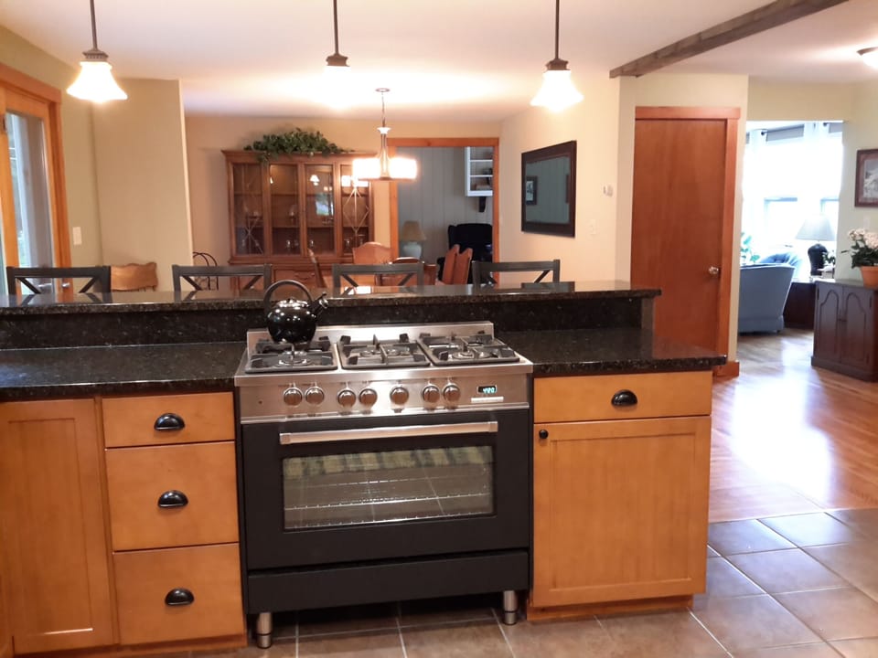 Kitchen looking over counter to dining and living areas