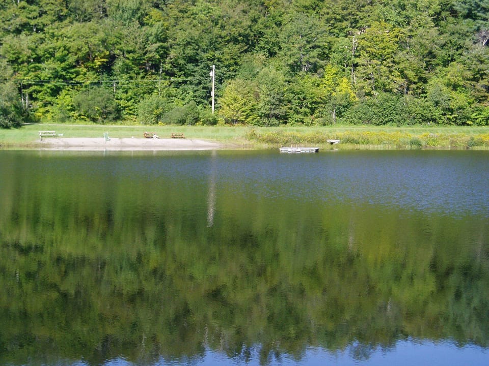 Shared beach with a floating dock at the end of the lake
