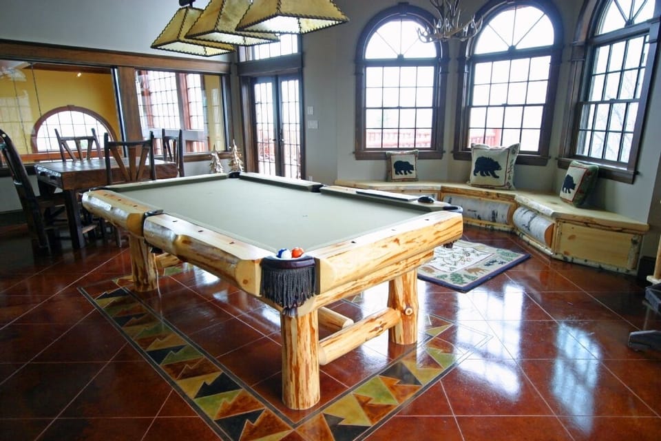 Rec Room Log Pool Table, Chess Table, Window Seat