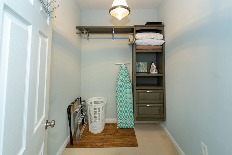 Bedrooms do not have closets to allow for more space - there is a large closet next to the bathroom for storage and hanging clothes..