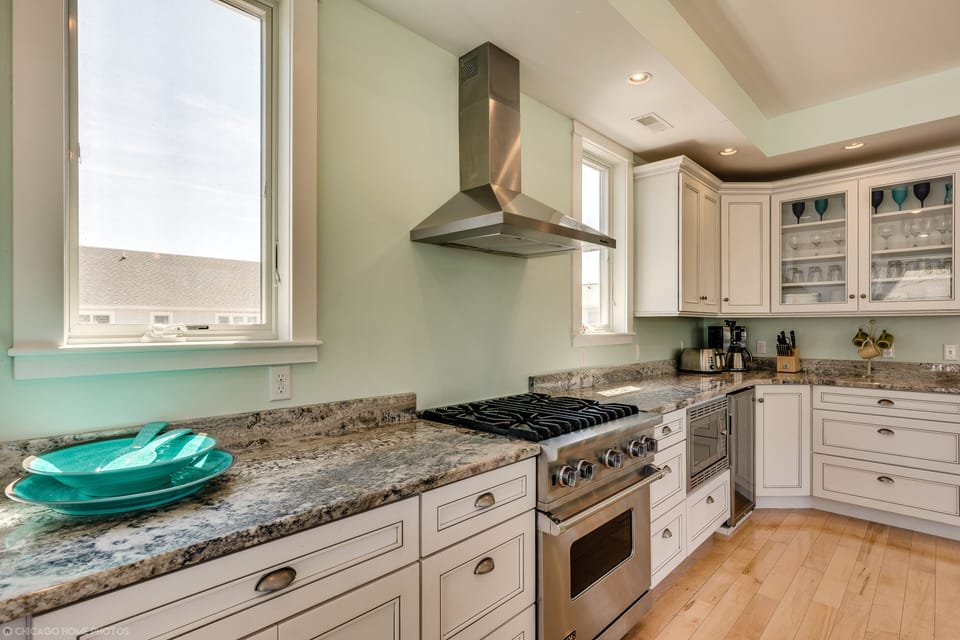 Viking appliances and all the dishware, pots and pans you need -wine glasses too
