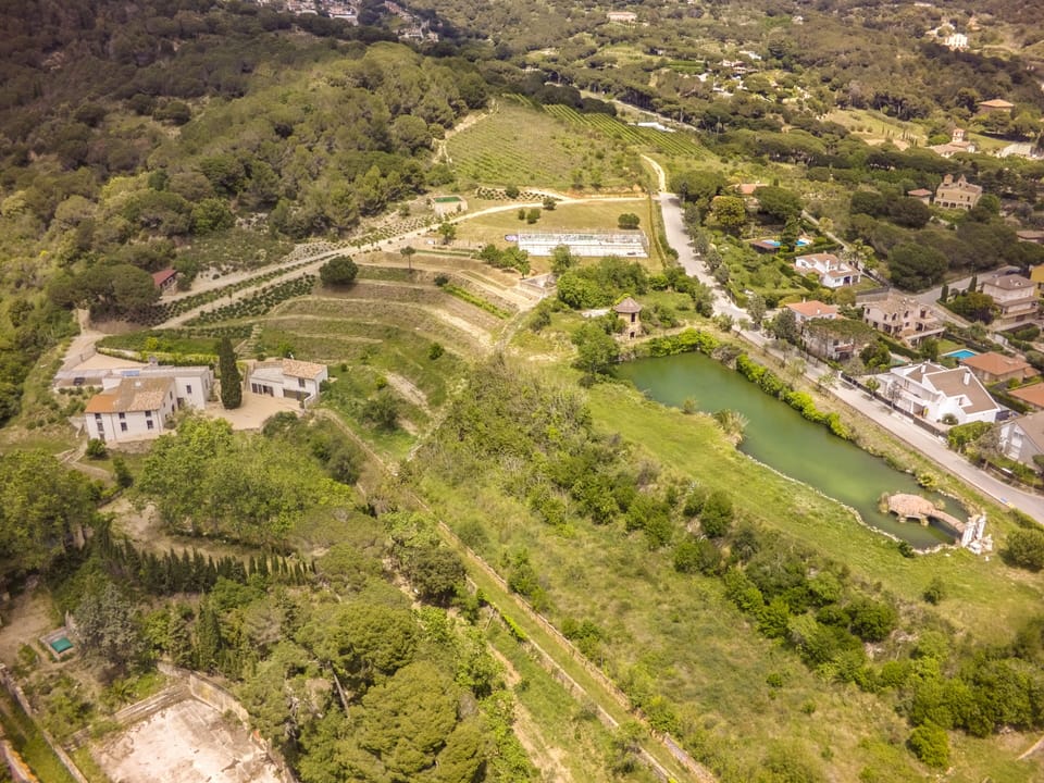 Can Bernades on the left, vineyard at the top, lake on the right