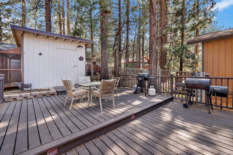 Private outdoor deck with a BBQ  surrounded by tall pines, perfect for relaxing under the trees after a day of adventure—enjoy peaceful forest views, fresh air, and a truly rejuvenating stay.