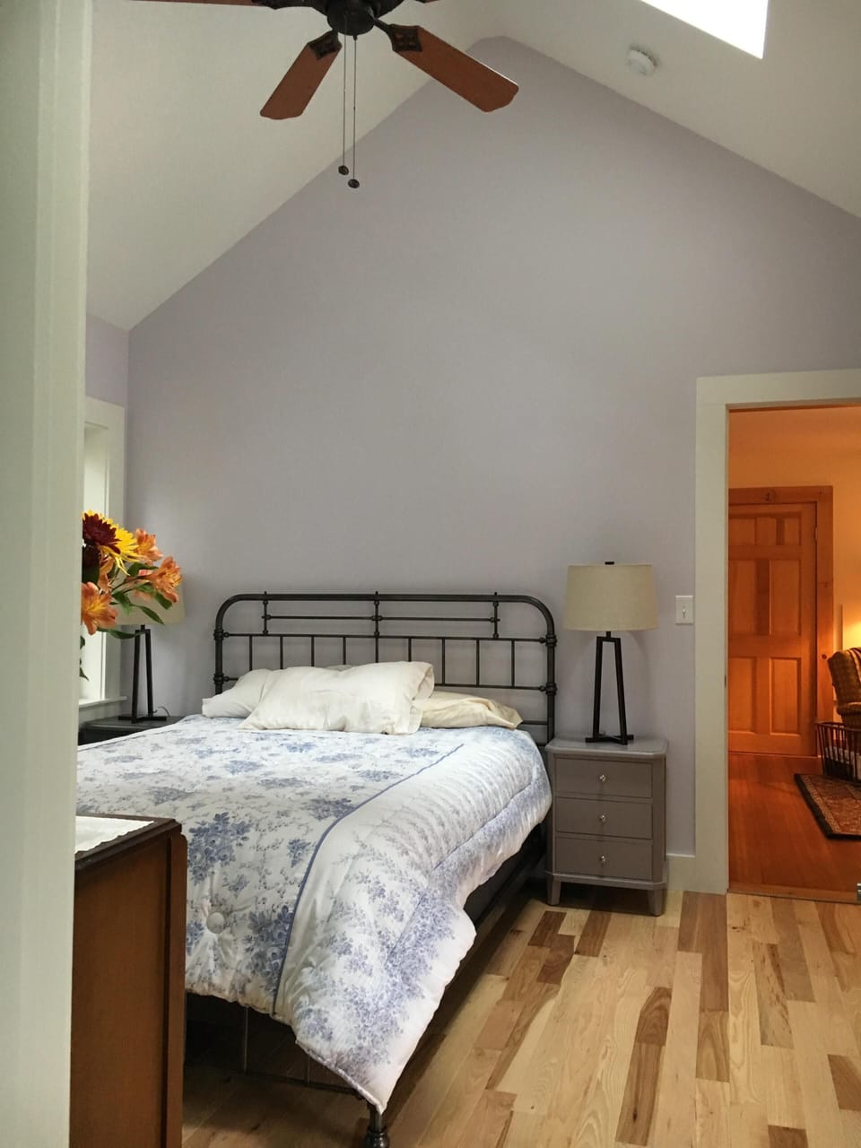 bedroom viewed from bathroom, brand new bed