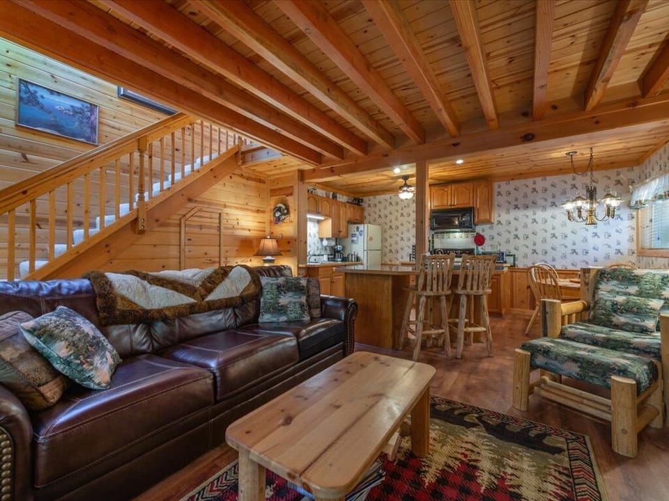 Living room leather couch and log chair with ottoman