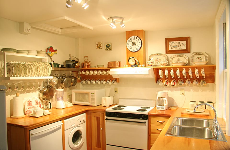 European-style kitchen; stove; microwave; washer; dryer; dishwasher; fine china.