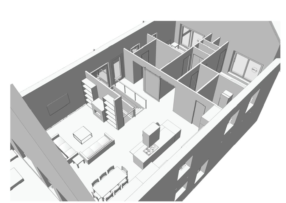 Main level layout.  Two bedrooms at back (street side) in picture. 