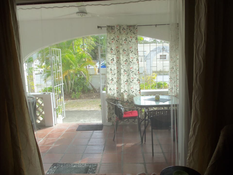 Main patio door entrance (with two padlocks) looking out to garden front