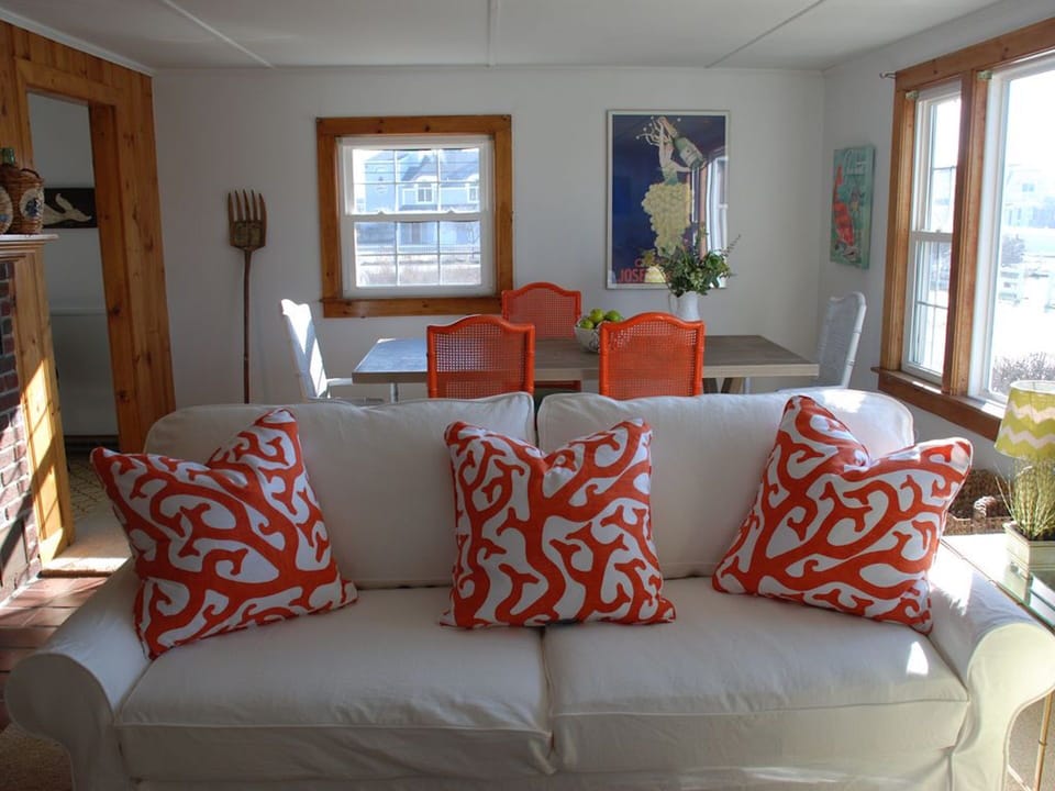 Colorful, cozy living room with sofa bed and stylish appointments.