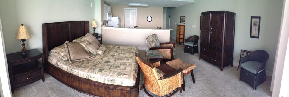 Panoramic view of condo living area.
