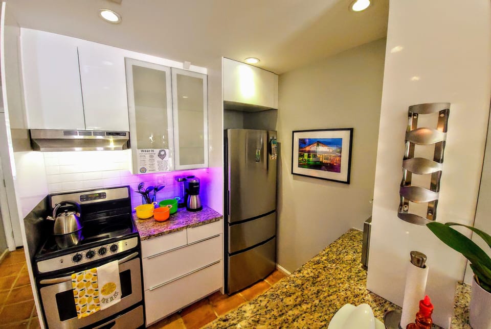 Everything that you will need to feel at home.  The fridge has an ice maker.