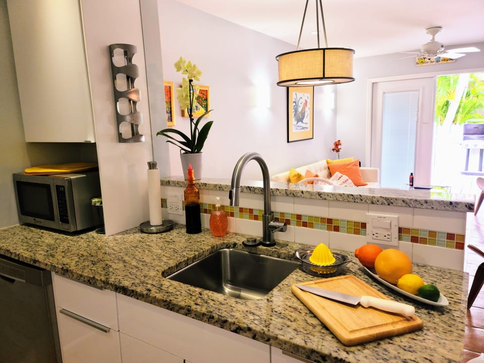 Our open concept kitchen with dishwasher and microwave.