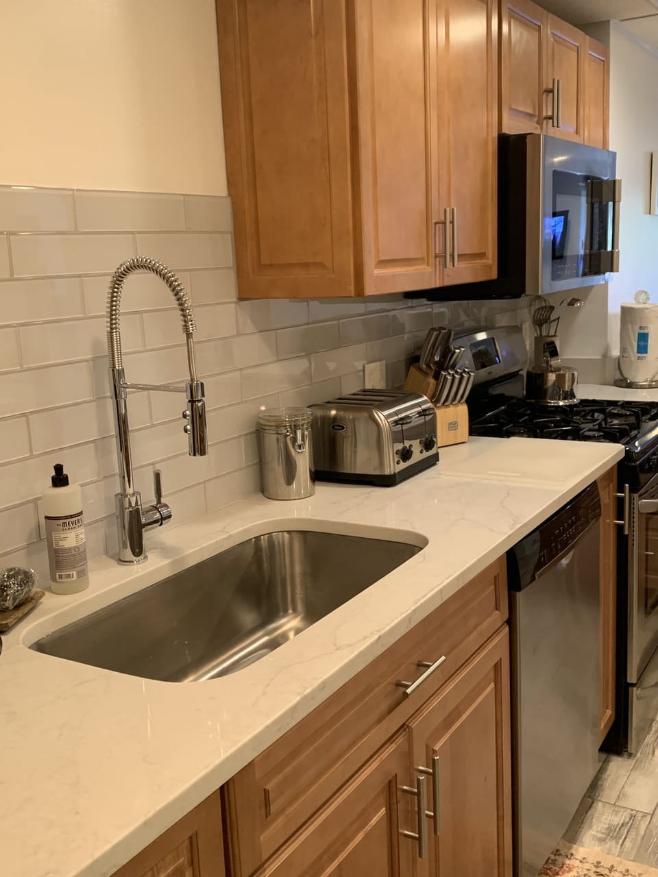 Marble counters with nice deep sinks for entertaining 