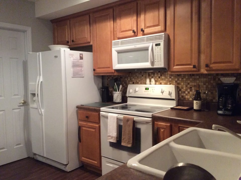 Kitchen area includes microwave, electric stove and refrigerator with ice maker.
