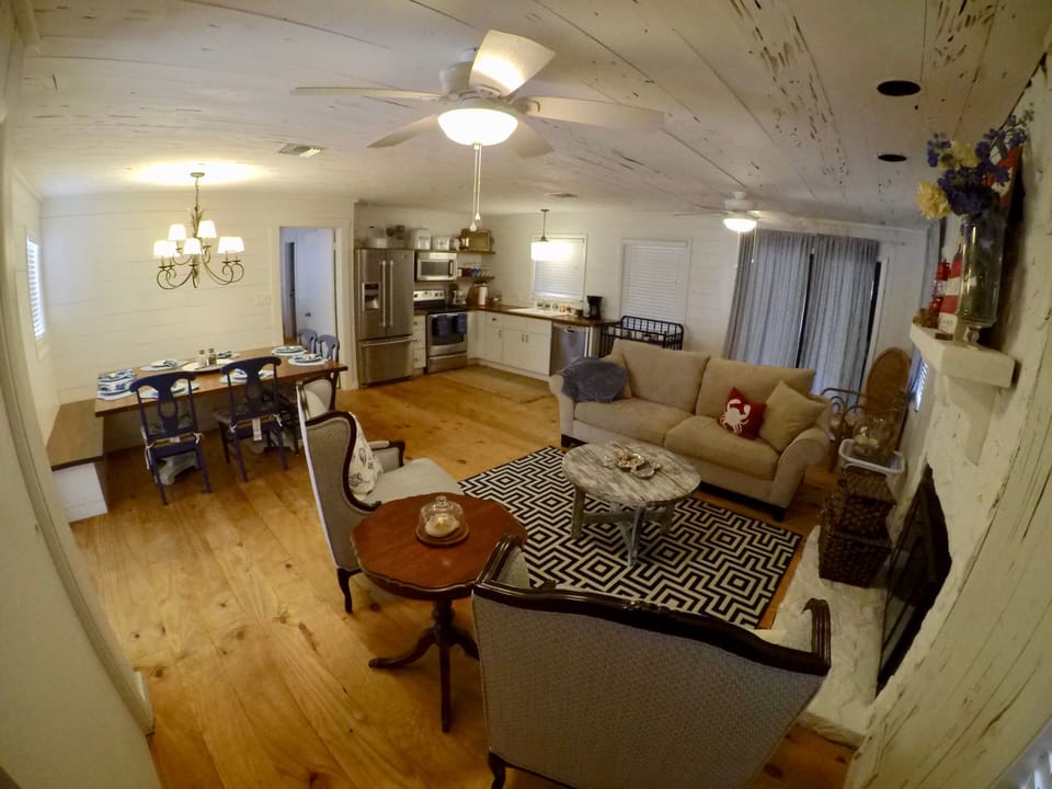 Large open living, kitchen, and dining area.