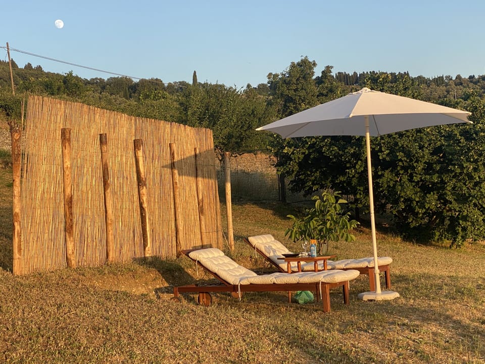 Sun terrace in the garden. From here one can enjoy beautiful sunsets.