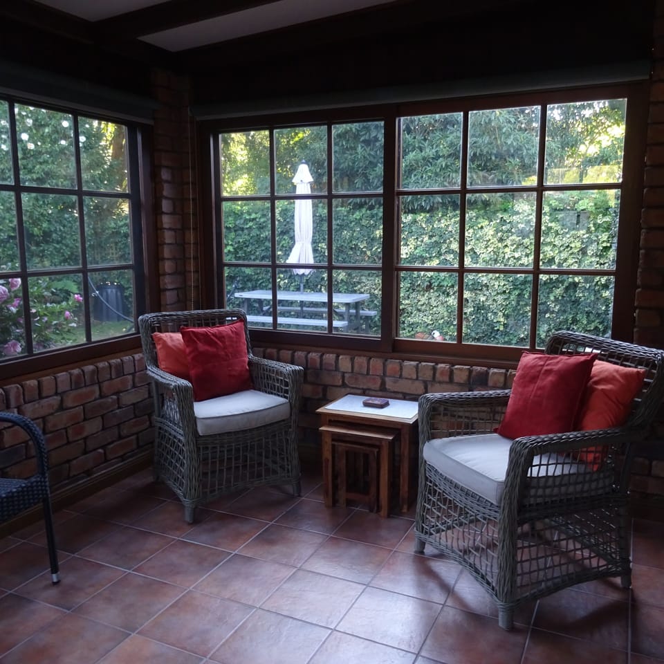 Sunroom with outdoor table and chairs in background