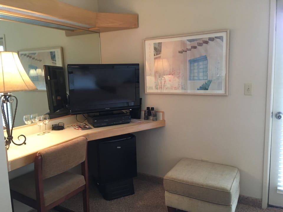 Desk space TV and mini frig