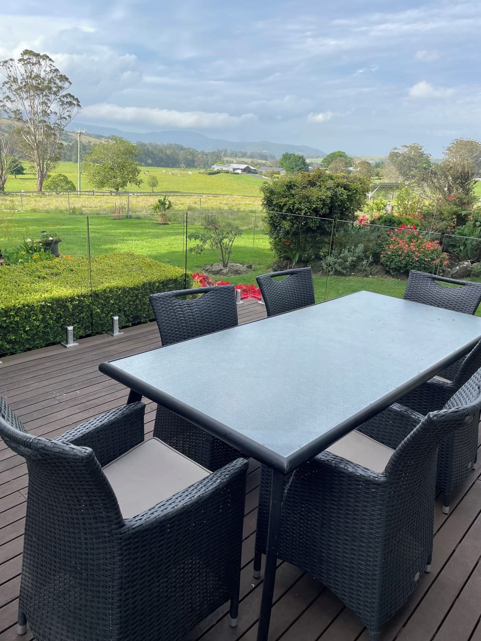 Front deck overlooking hills and dairy farms