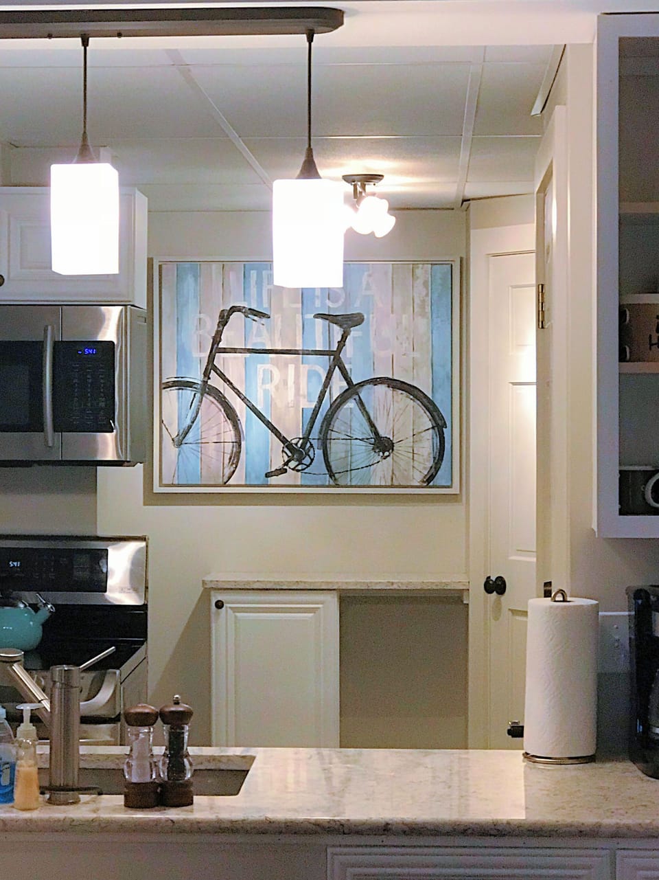 Fully Stocked kitchen. range, Microwave, Dishwasher, 36" refrigerator, & pantry