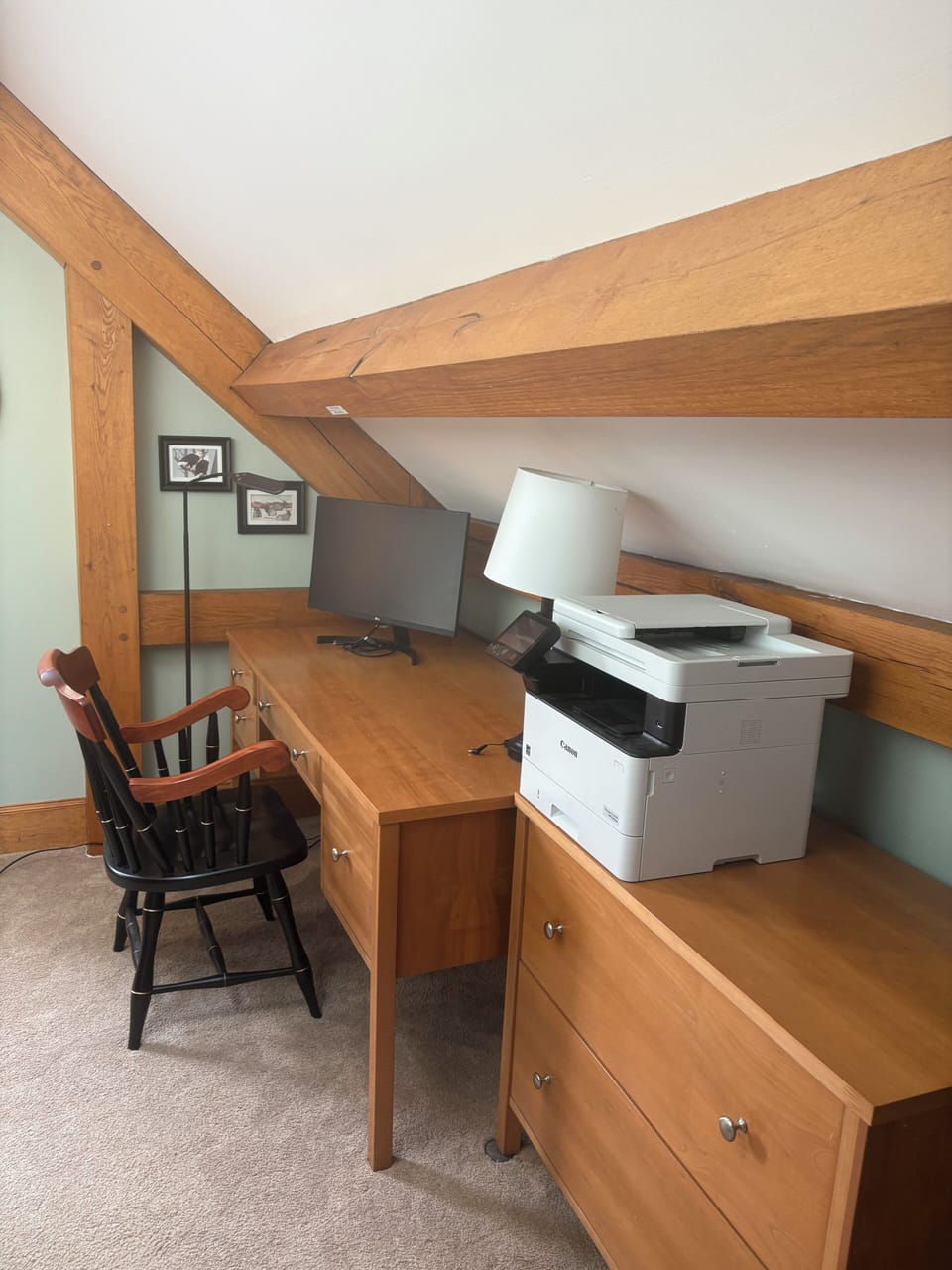 View of bunk room office set up.  Cabinet under printer is for guest clothing.