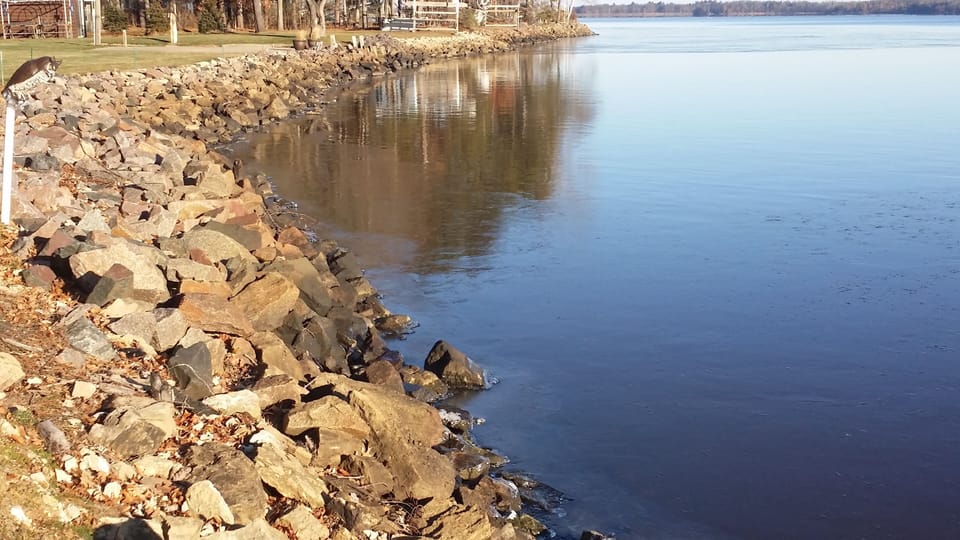 Rocky shore but we have stairs going into the lake at 1 to 2 feet depth. 