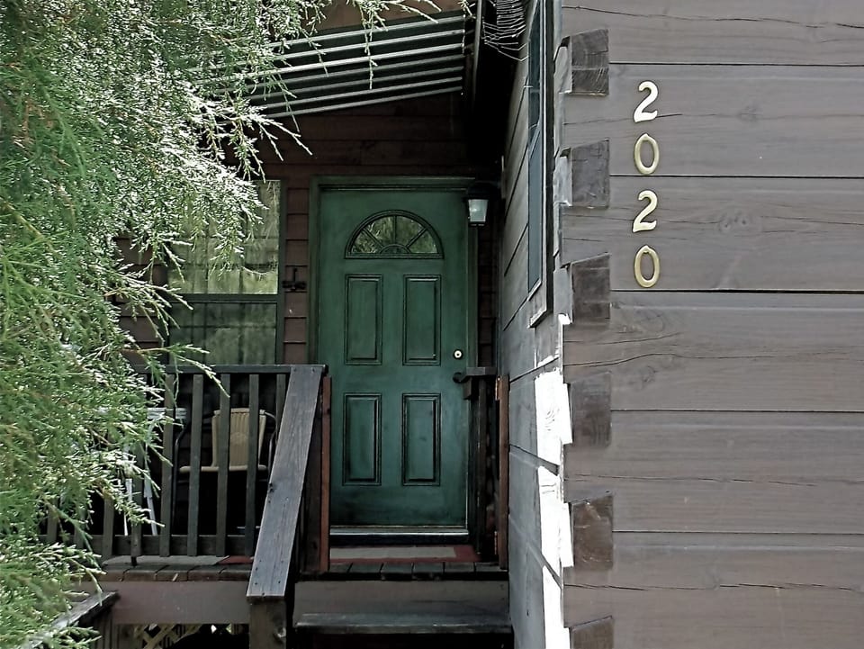 WELCOME to the Cozy Cabin- 5 steps up to small covered porch w/table & 2 seats