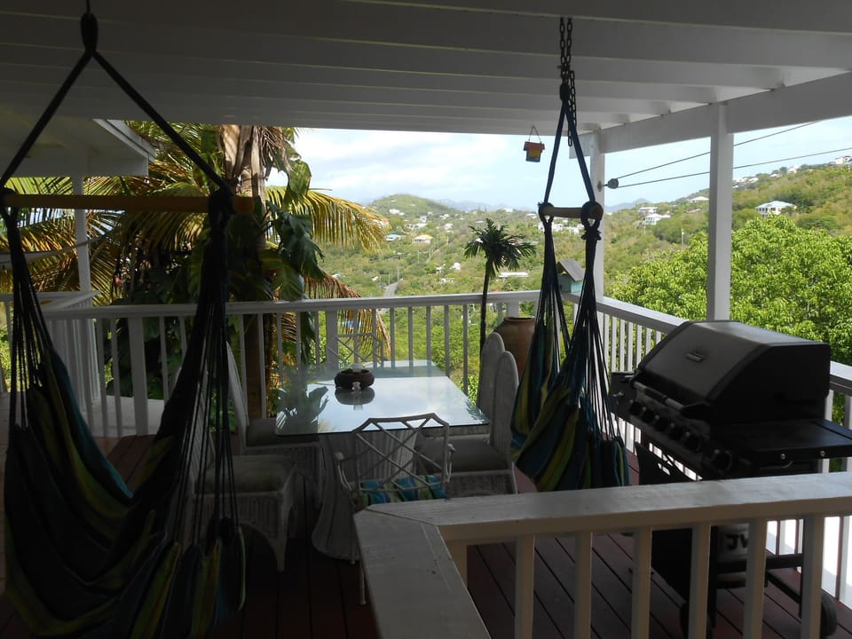 Private area for grilling, dining, lounging.  View west to sunset, St. Thomas