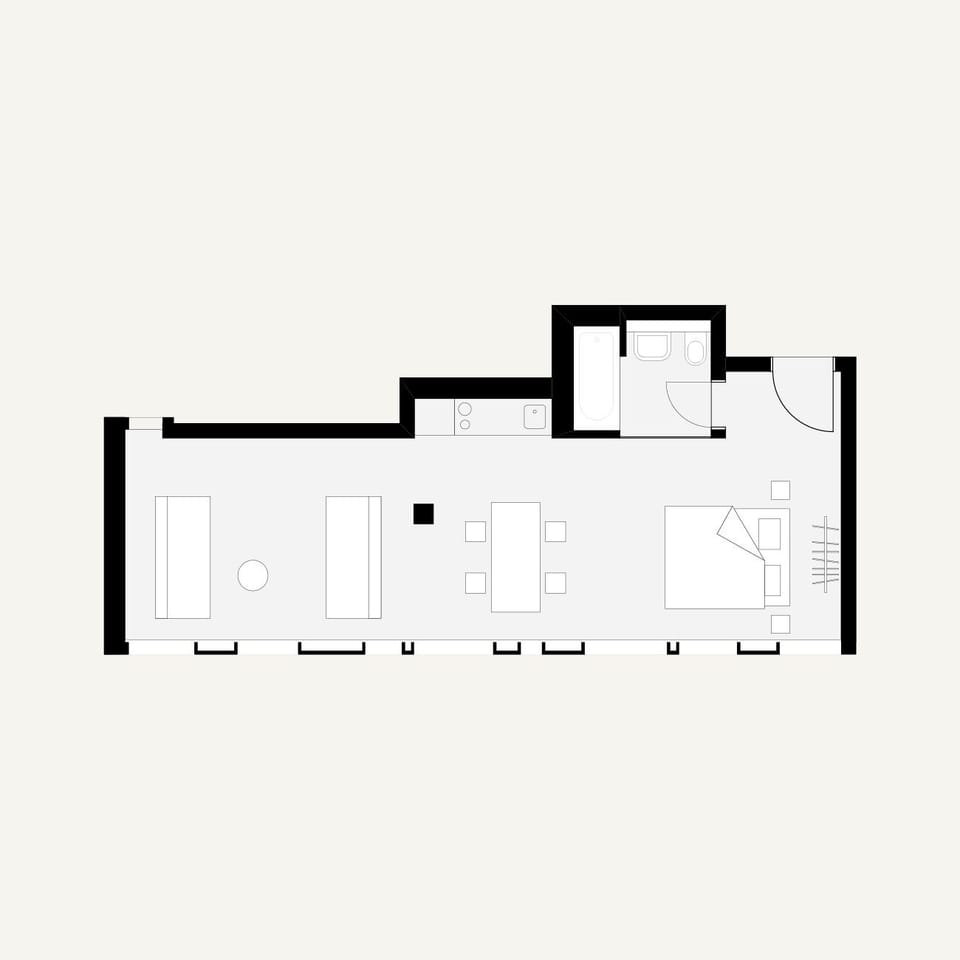 Floor plan: "EXTROVERTED" large studio apartment in the "Neubau"" (modern wing).