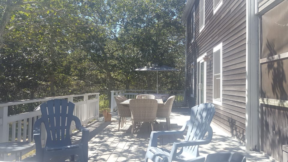 Large dining table, seats 6-8; and a wrought iron dining set under the umbrella!