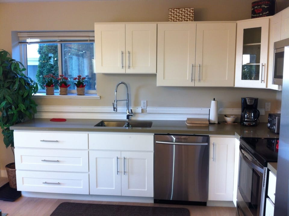 new cupboards, granite counters, and stainless steel appliances