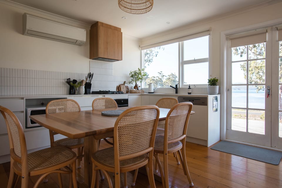 The kitchen also has views across the bay. 