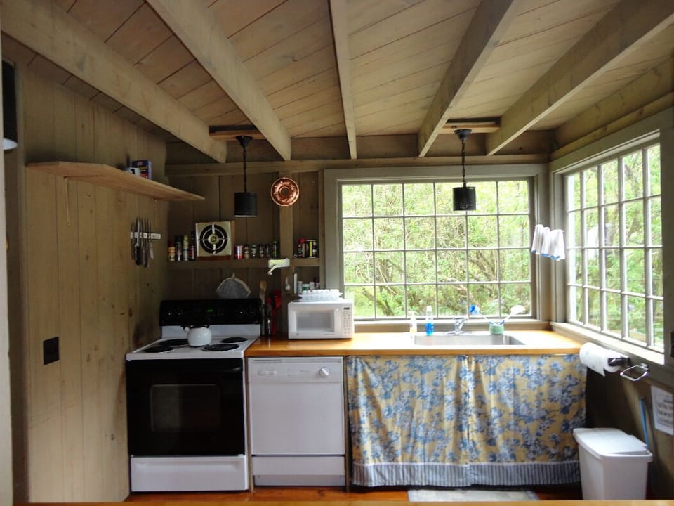 Open kitchen; shelves with dishes, pots, pans, etc. right under camera position