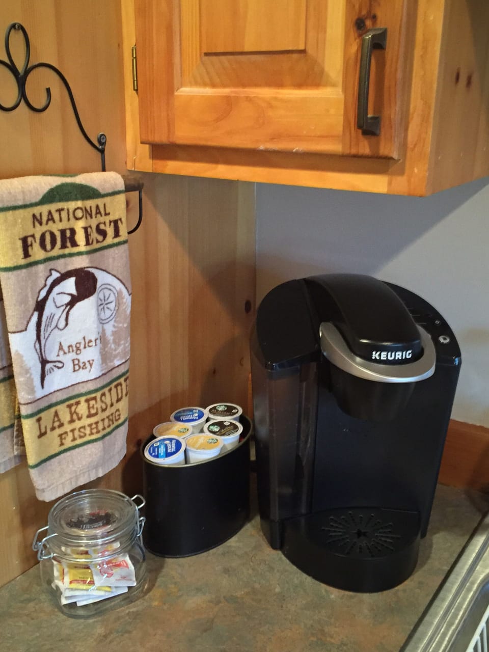 Keurig & regular coffee pots, sugar & tea.