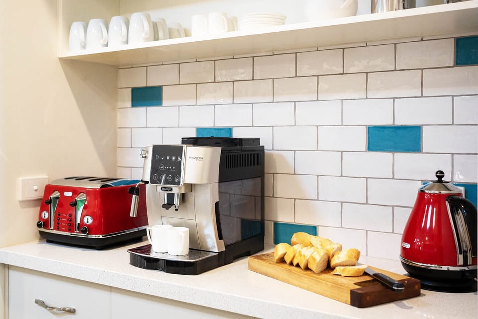 The coffee station.  Starter Sixpence coffee beans are provided