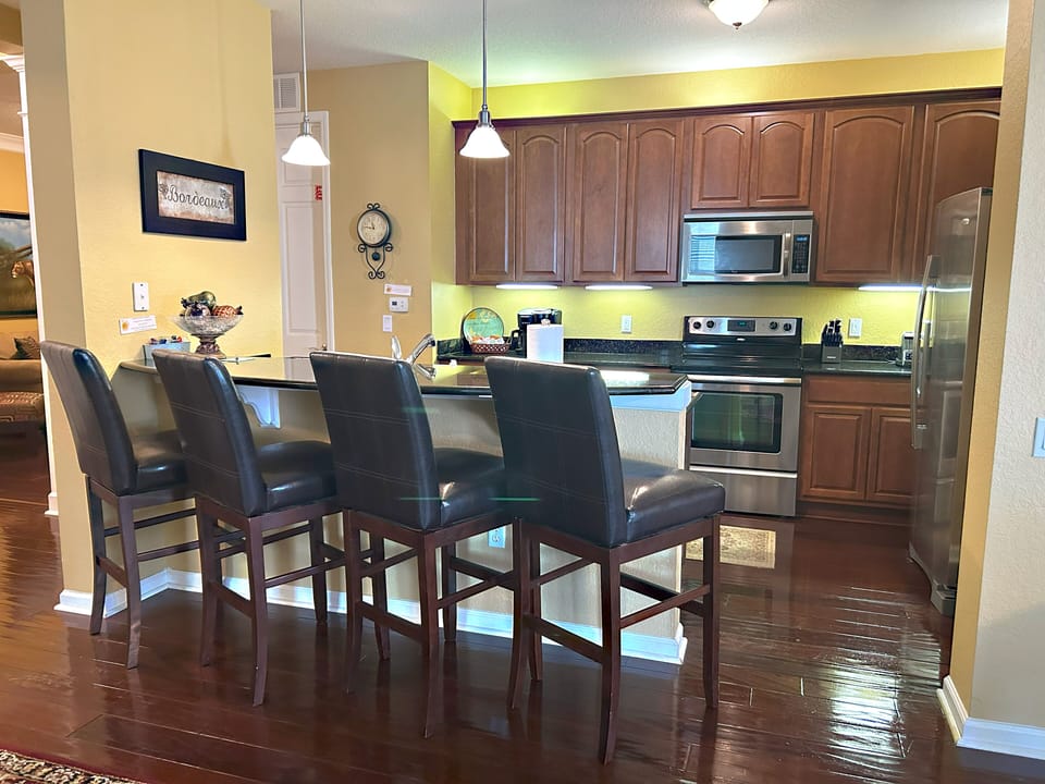 Kitchen counter with seating.