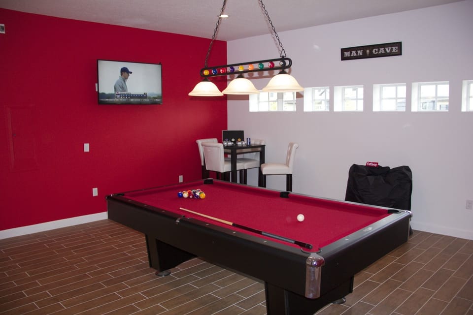 The Games Room with pool table, poker, XBox one & FatBoy cushions