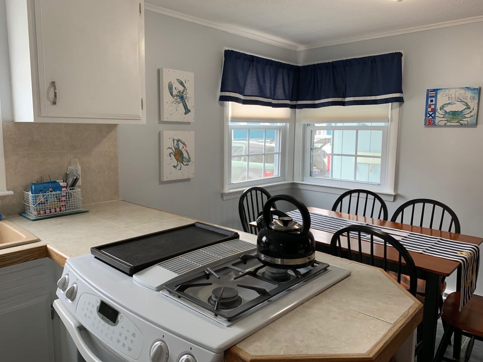 Full kitchen with Jenn Air convection oven, fridge with ice maker, dishwasher.