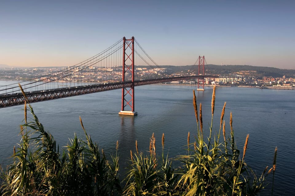 25th of April Bridge with reed plants foreground — Villa Mara, holiday villa in Sintra