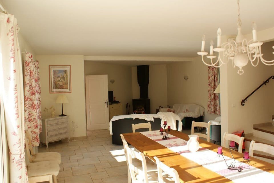 Dining room and living area, open fireplace