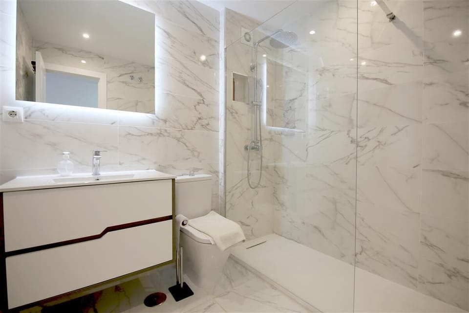 En-suite bathroom to the master bedroom with walk-in shower, toilet and hand-basin
