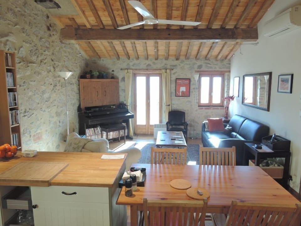 Living area showing exposed stone.