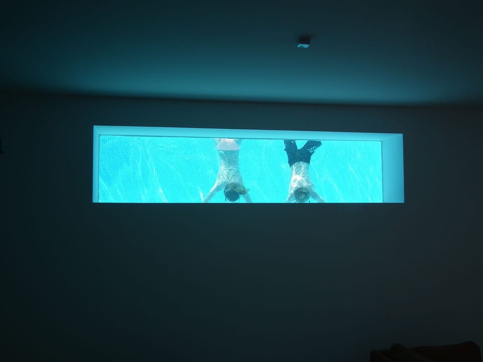 view of pool from basement playroom