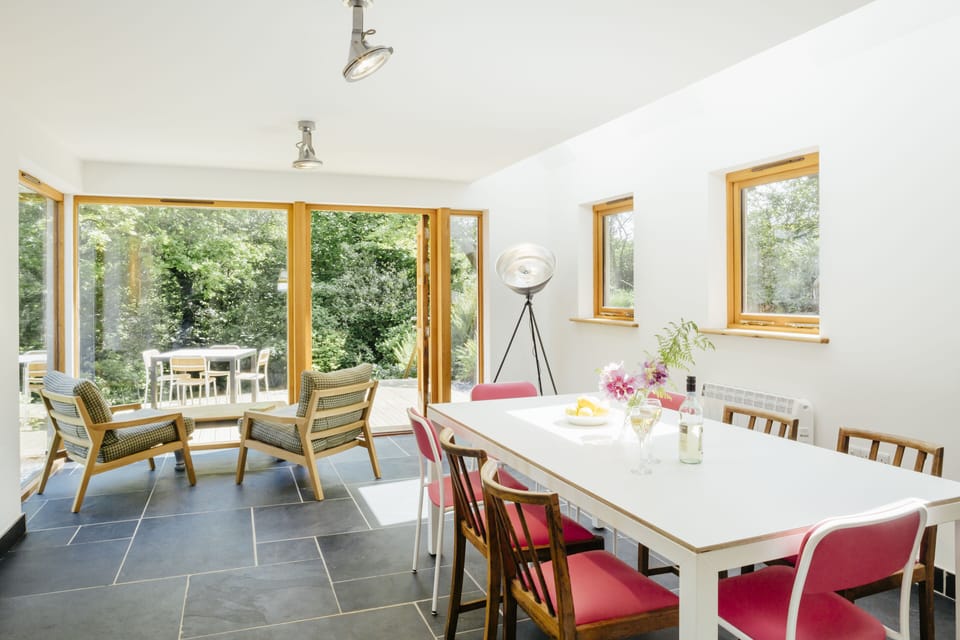 Open, modern and spacious living room area leading to the decking area.  