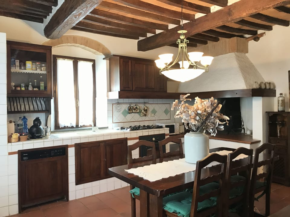 The kitchen and the fireplace