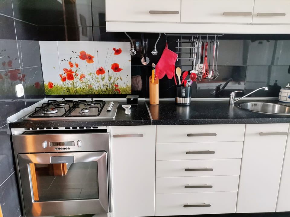 cozinha com placa a gás e forno elétrico