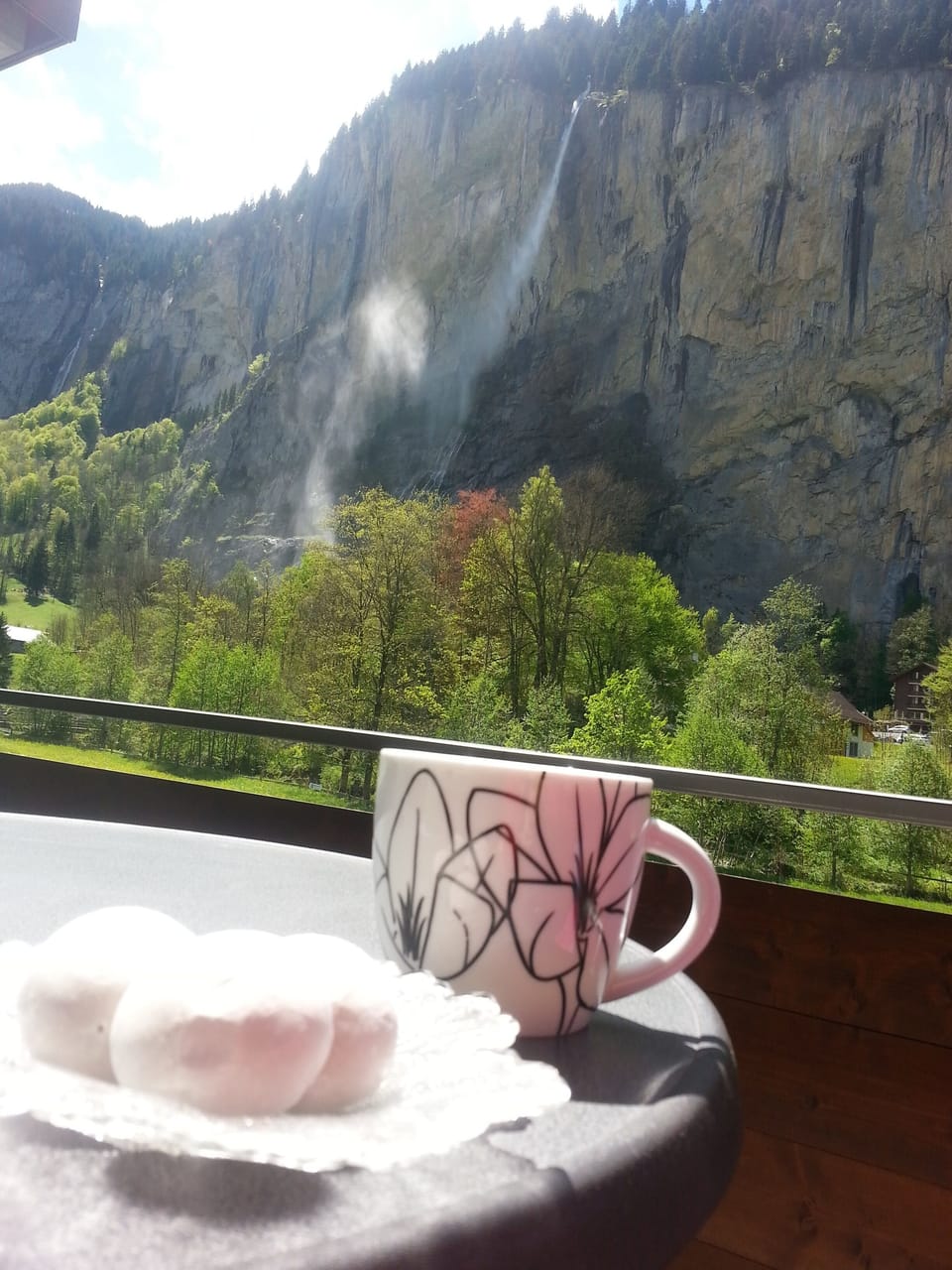 Morning balcony coffee watching wind blow Stuabbach Falls (Staub = dusty) 2017