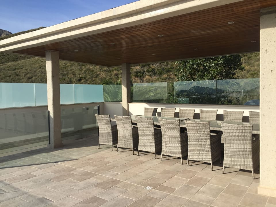 Outside dining with mountain back drop. 
