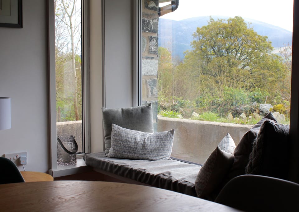 Kitchen window seat looking onto the mountains